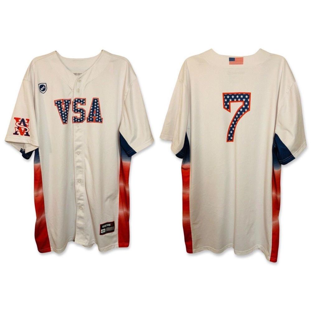 VSA Baseball Jersey V-Neck Button Up Patriotic Short Sleeve Mens 2X White